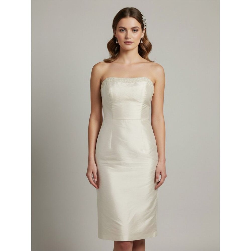 Ralph Lauren 100% Silk Ivory Strapless Beaded Sheath Dress Bridal Wedding
